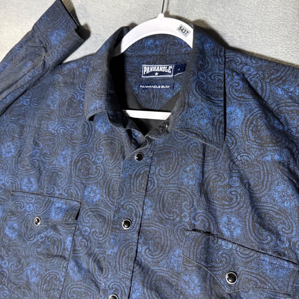 Panhandle Slim Mens Blue Black Paisley Pearl Snap Western Shirt L Long Sleeve